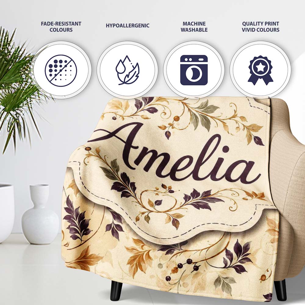 Elegant Autumn Leaves and Swirling Vines Seamless Pattern Lovely  Personalised Custom Name Super Soft Fleece Blanket Bed Sofa Throw