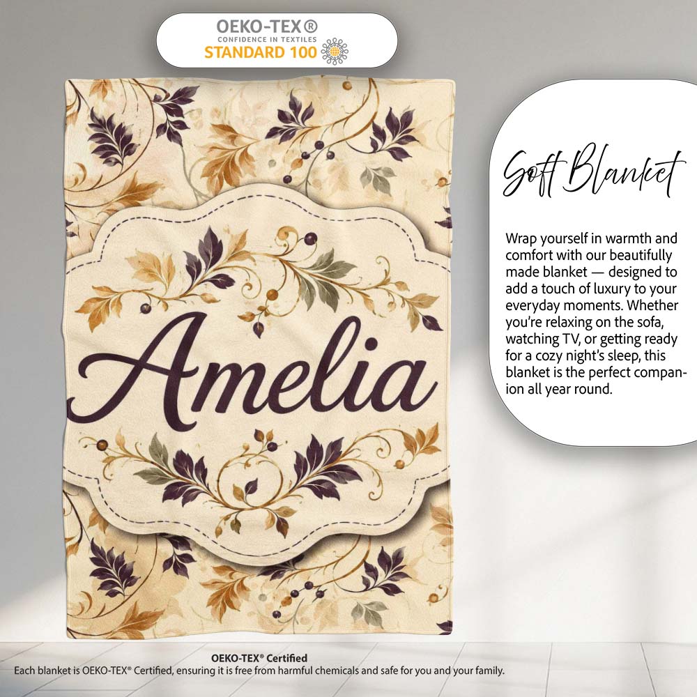 Elegant Autumn Leaves and Swirling Vines Seamless Pattern Lovely  Personalised Custom Name Super Soft Fleece Blanket Bed Sofa Throw