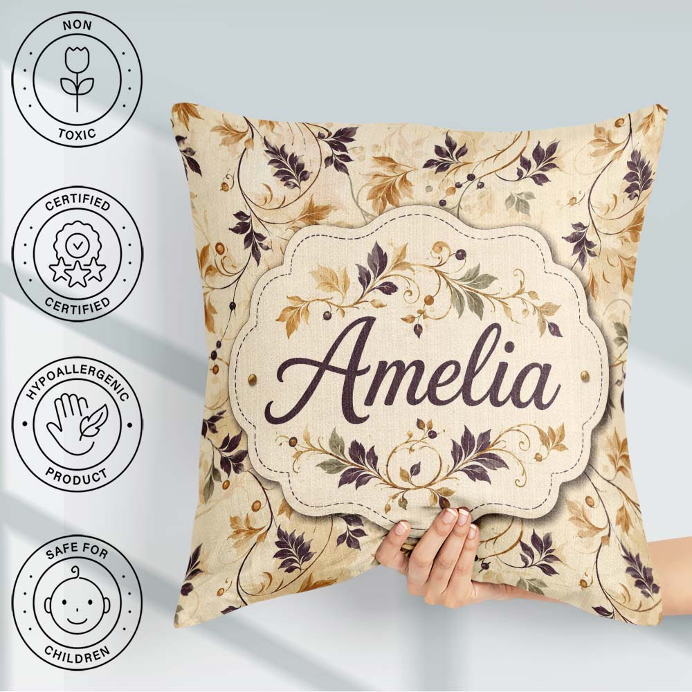 Custom Name Elegant Autumn Leaves and Swirling Seamless Pattern Square Filled Cushion Throw Pillow Sofa Bed Home Decor Zip Washable UK Made