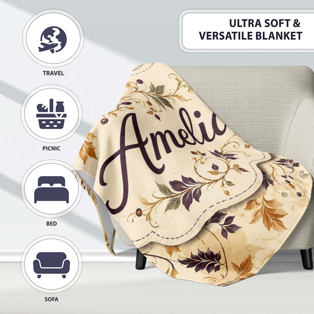 Elegant Autumn Leaves and Swirling Vines Seamless Pattern Lovely  Personalised Custom Name Super Soft Fleece Blanket Bed Sofa Throw