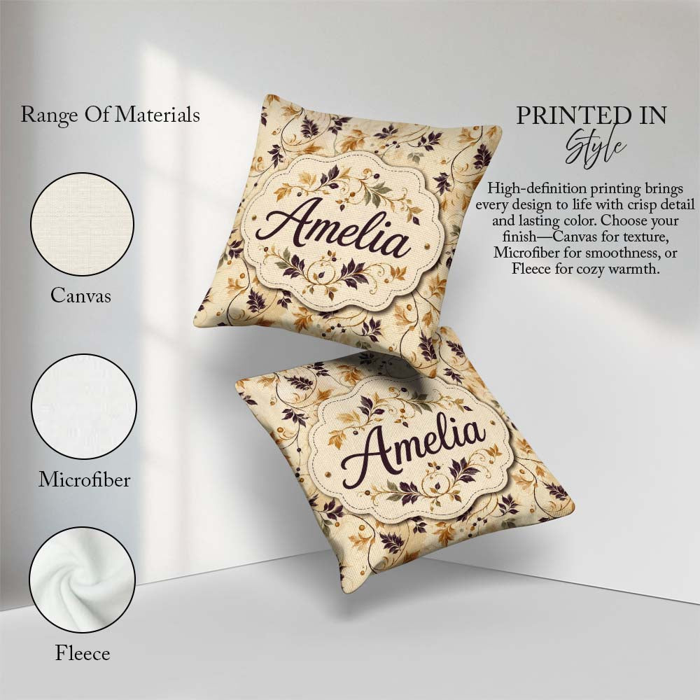Custom Name Elegant Autumn Leaves and Swirling Seamless Pattern Square Filled Cushion Throw Pillow Sofa Bed Home Decor Zip Washable UK Made