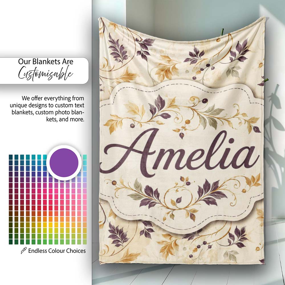 Elegant Autumn Leaves and Swirling Vines Seamless Pattern Lovely  Personalised Custom Name Super Soft Fleece Blanket Bed Sofa Throw