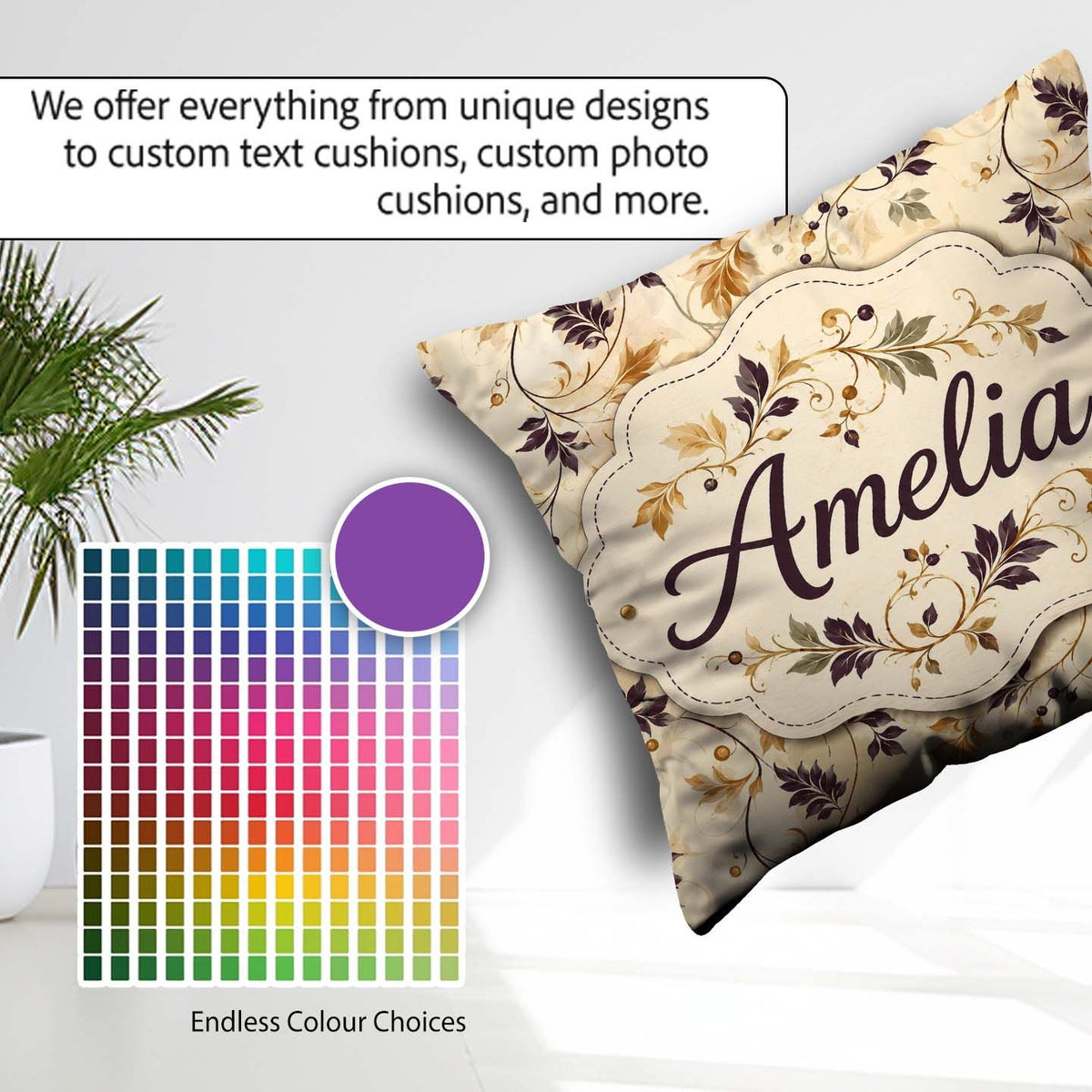 Custom Name Elegant Autumn Leaves and Swirling Seamless Pattern Square Filled Cushion Throw Pillow Sofa Bed Home Decor Zip Washable UK Made