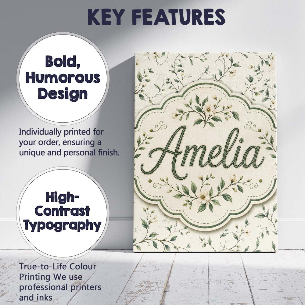 Personalised Name Delicate Green Botanical Custom  Unique Gift Idea Elegant Feature Canvas Wall Art Print Decor Picture Ready to Hang