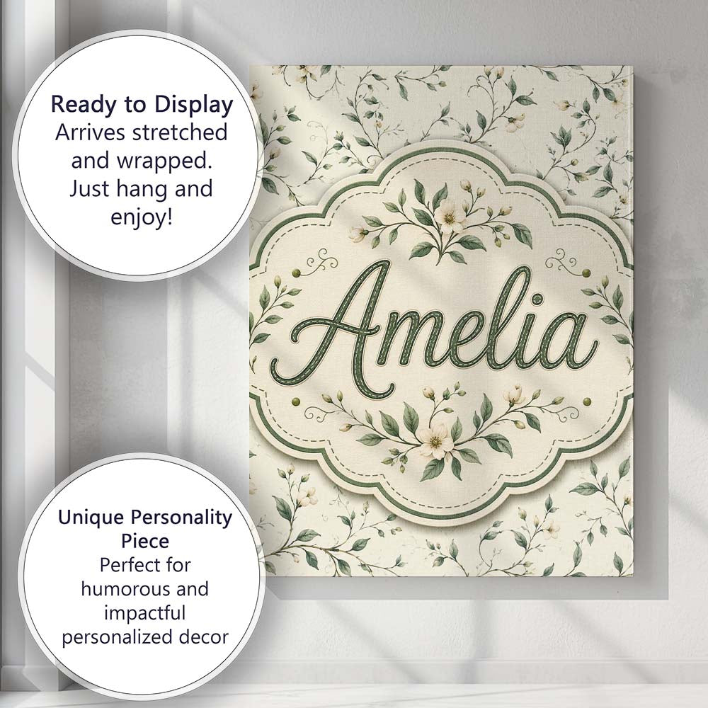 Personalised Name Delicate Green Botanical Custom  Unique Gift Idea Elegant Feature Canvas Wall Art Print Decor Picture Ready to Hang