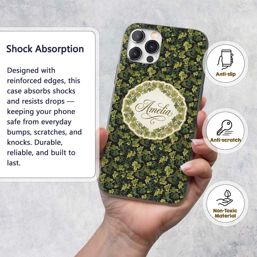 Dark Green Grape Vine Leaves and Fruit Seamless Custom Name Protective Phone Case Mobile Cover Durable Everyday Smartphone Shock Resistant