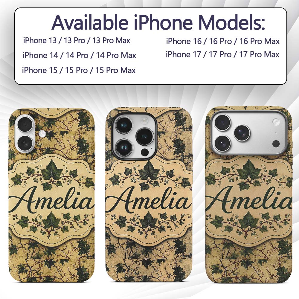 Vintage Maple Leaf Branches on Textured Beige Custom Name Protective Phone Case Mobile Cover Durable Everyday Smartphone Shock Resistant