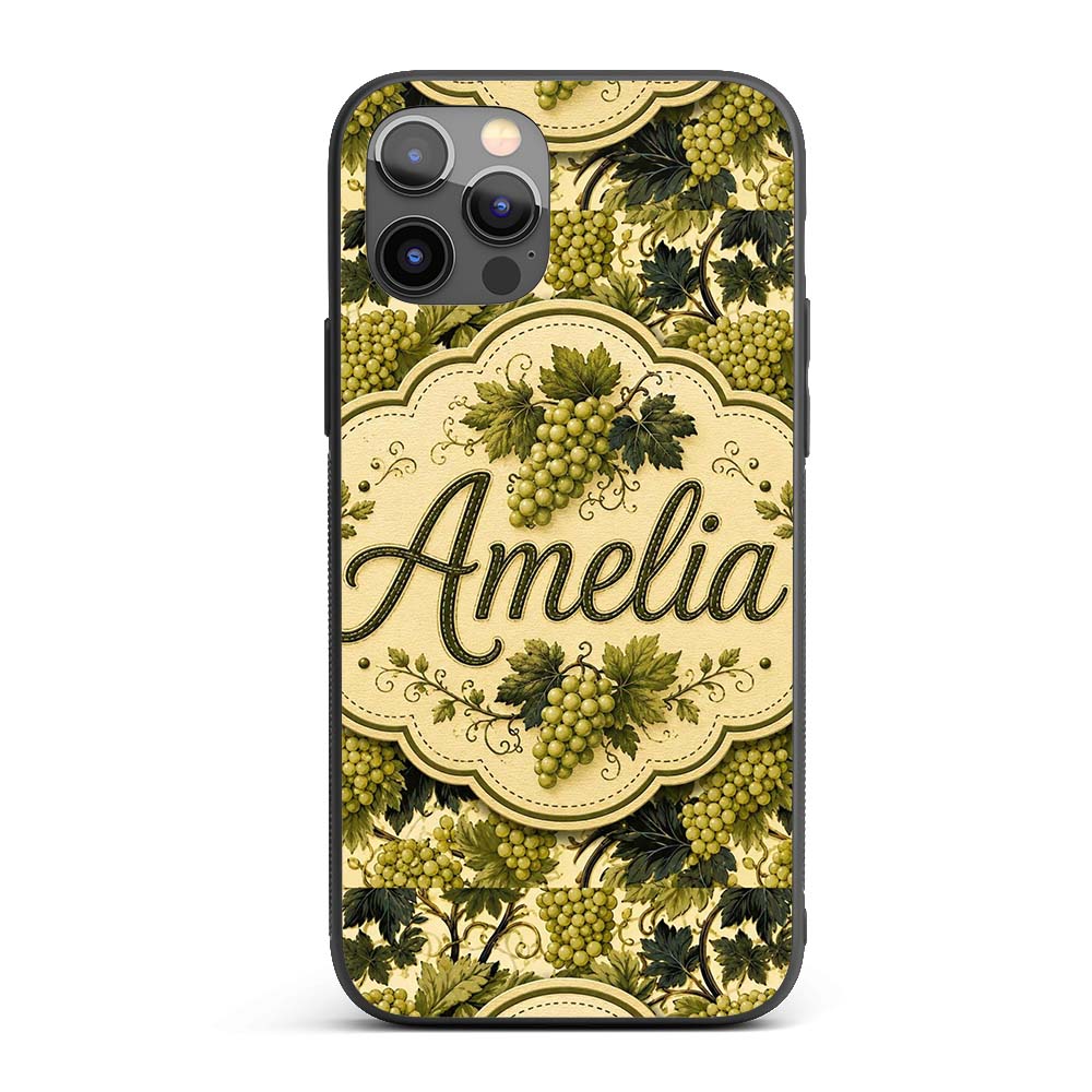 Classic Vineyard Grapes and Leaves Botanical Custom Name Protective Phone Case Mobile Cover Durable Everyday Smartphone Shock Resistant