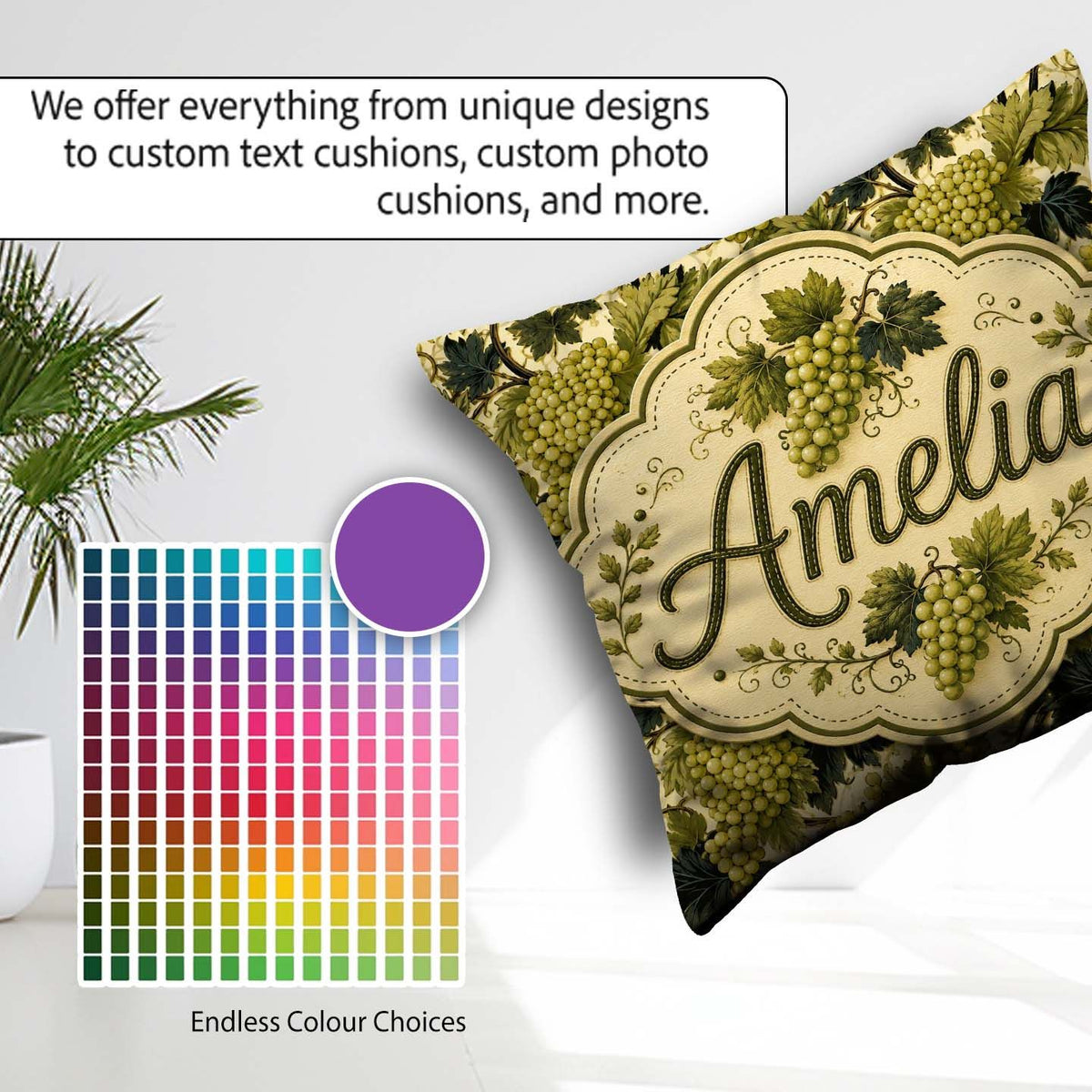 Custom Name Classic Vineyard Grapes and Leaves Botanical Pattern Square Filled Cushion Throw Pillow Sofa Bed Home Decor Zip Washable UK Made