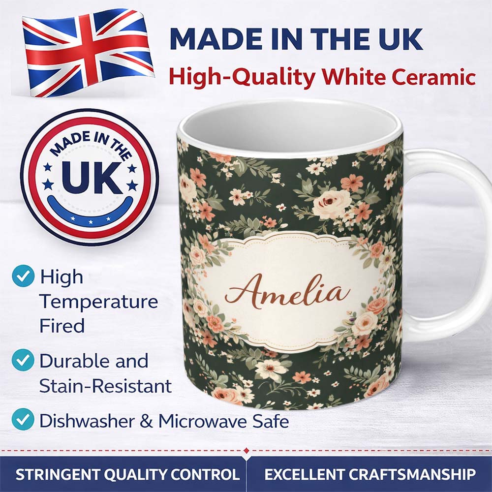 Personalized Custom Name Dark Green Floral Vintage Rose Pattern Elegant Seamless Design 11oz Ceramic Coffee Tea Mug White Large Handle