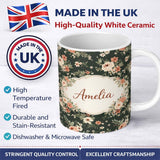 Personalized Custom Name Dark Green Floral Vintage Rose Pattern Elegant Seamless Design 11oz Ceramic Coffee Tea Mug White Large Handle