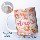 Personalized Custom Name Cute Easter Bunny Carrot Donut Hearts Seamless Pattern Rose Pink 11oz Ceramic Coffee Tea Mug White Large Handle