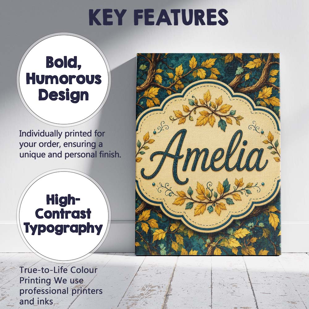 Personalised Name Bold Yellow Leaves on Custom  Modern Room Accent Elegant Feature Canvas Wall Art Print Decor Picture Ready to Hang