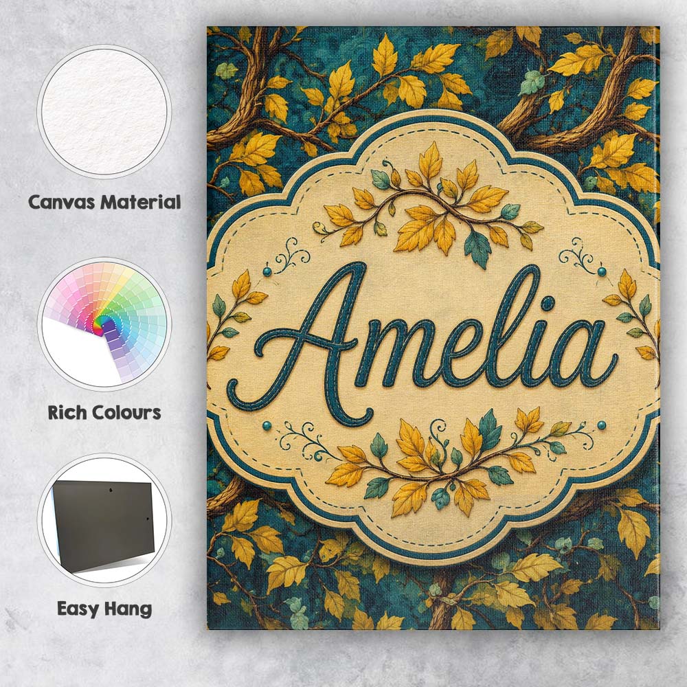Personalised Name Bold Yellow Leaves on Custom  Modern Room Accent Elegant Feature Canvas Wall Art Print Decor Picture Ready to Hang