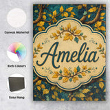 Personalised Name Bold Yellow Leaves on Custom  Modern Room Accent Elegant Feature Canvas Wall Art Print Decor Picture Ready to Hang