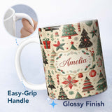 Personalized Custom Name Festive Christmas Tree Gift Ornament Star Holiday Seamless Pattern 11oz Ceramic Coffee Tea Mug White Large Handle