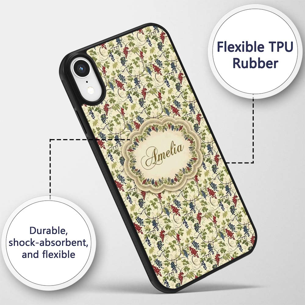 Red and Blue Grapes with Green Printed Design Custom Name Protective Phone Case Mobile Cover Durable Everyday Smartphone Shock Resistant