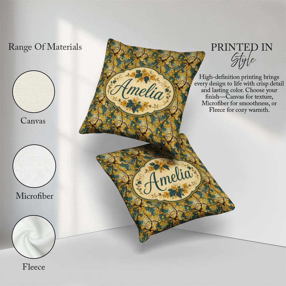 Custom Name Neutral Botanical Leaves and Twisting Vines Seamless Square Filled Cushion Throw Pillow Sofa Bed Home Decor Zip Washable UK Made