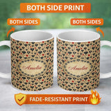 Personalized Custom Name Grunge Gothic Heart and Red Accent Ornamental Seamless Pattern 11oz Ceramic Coffee Tea Mug White Large Handle