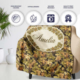 Golden Yellow Leaves and Teal Foliage Artistic Vine Seamless Pattern  Personalised Custom Name Super Soft Fleece Blanket Bed Sofa Throw