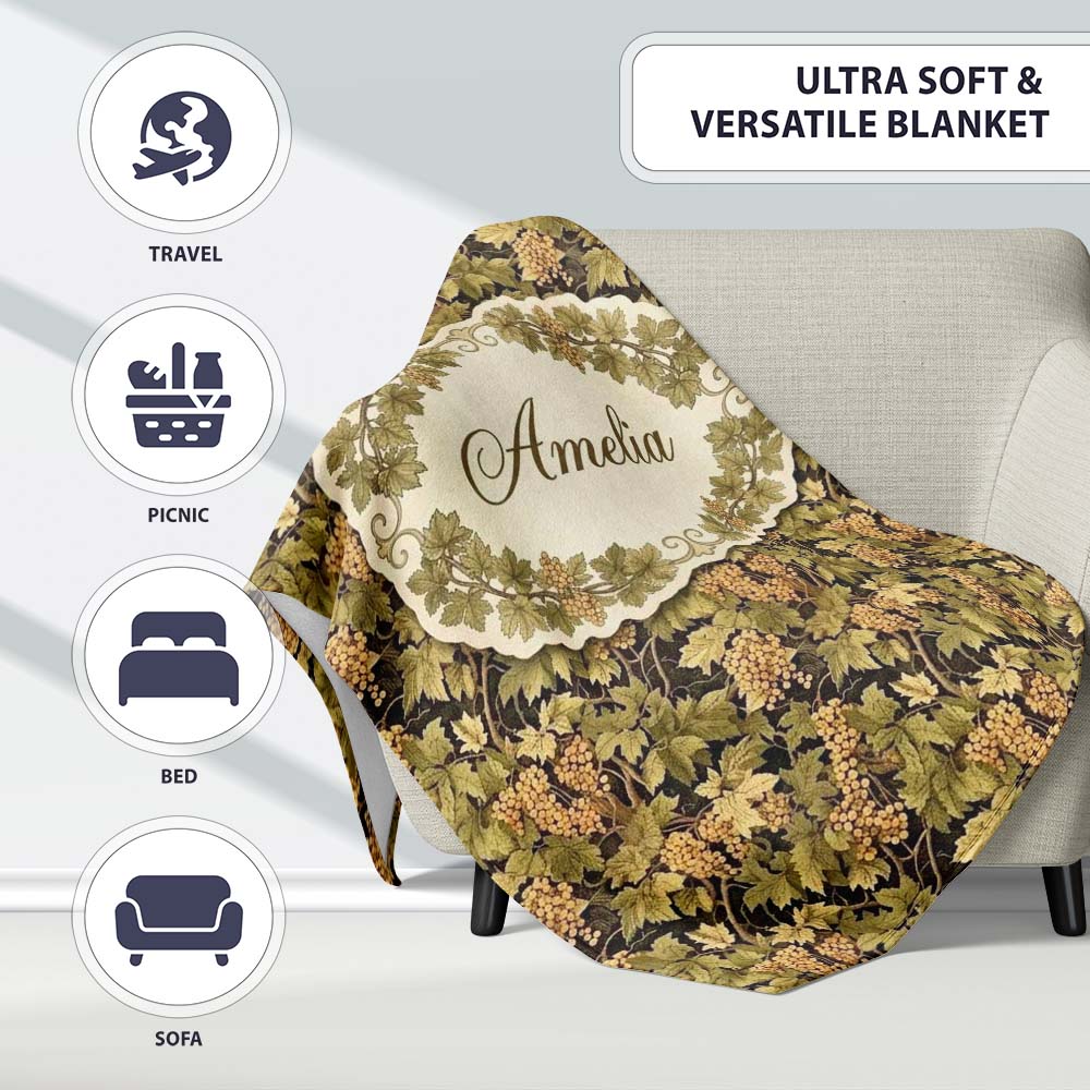 Golden Yellow Leaves and Teal Foliage Artistic Vine Seamless Pattern  Personalised Custom Name Super Soft Fleece Blanket Bed Sofa Throw