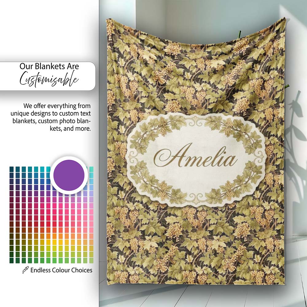 Golden Yellow Leaves and Teal Foliage Artistic Vine Seamless Pattern  Personalised Custom Name Super Soft Fleece Blanket Bed Sofa Throw