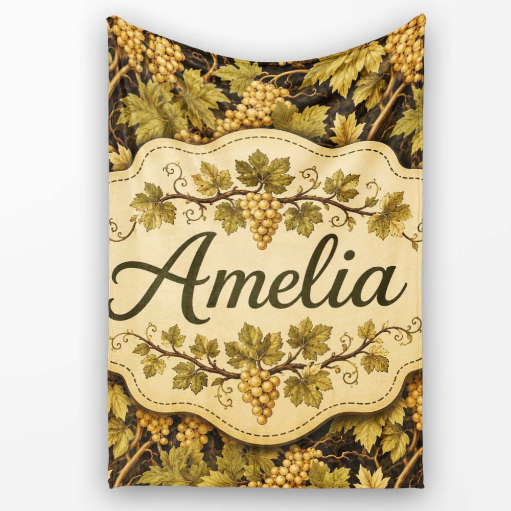 Vintage Vineyard Grapes and Leaves on Dark Background Seamless  Personalised Custom Name Super Soft Fleece Blanket Bed Sofa Throw