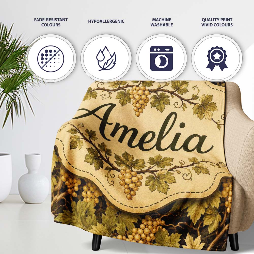 Vintage Vineyard Grapes and Leaves on Dark Background Seamless  Personalised Custom Name Super Soft Fleece Blanket Bed Sofa Throw