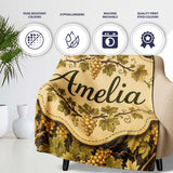 Vintage Vineyard Grapes and Leaves on Dark Background Seamless  Personalised Custom Name Super Soft Fleece Blanket Bed Sofa Throw