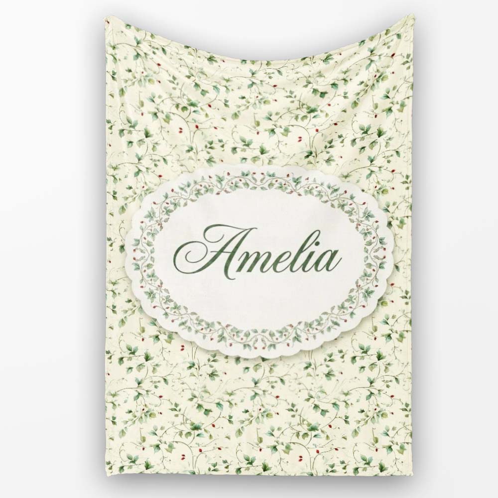 Delicate Green Vine Leaves with Small Red Berries Seamless Pattern  Personalised Custom Name Super Soft Fleece Blanket Bed Sofa Throw