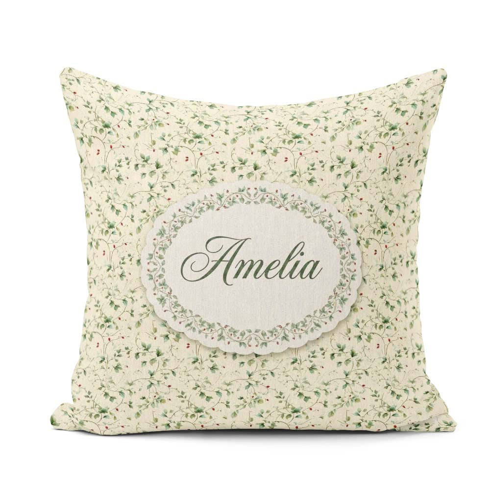 Custom Name Delicate Green Vine Leaves with Red Berries Seamless Square Filled Cushion Throw Pillow Sofa Bed Home Decor Zip Washable UK Made
