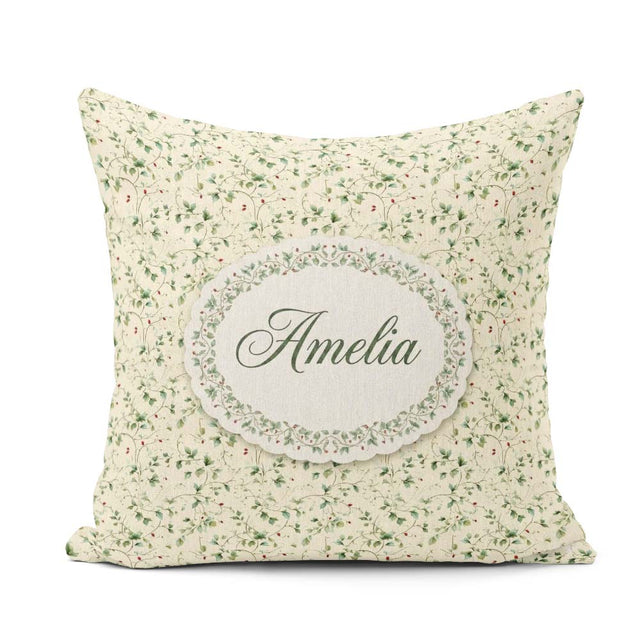Custom Name Delicate Green Vine Leaves with Red Berries Seamless Square Filled Cushion Throw Pillow Sofa Bed Home Decor Zip Washable UK Made