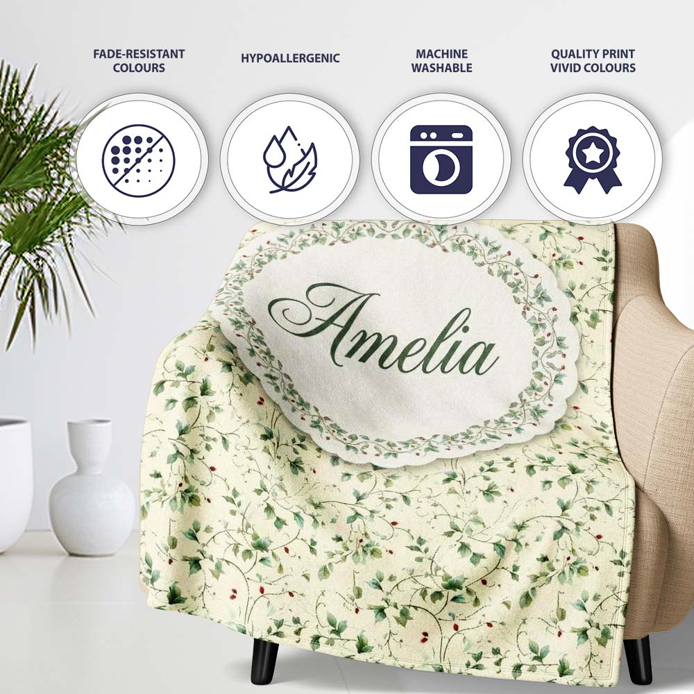 Delicate Green Vine Leaves with Small Red Berries Seamless Pattern  Personalised Custom Name Super Soft Fleece Blanket Bed Sofa Throw