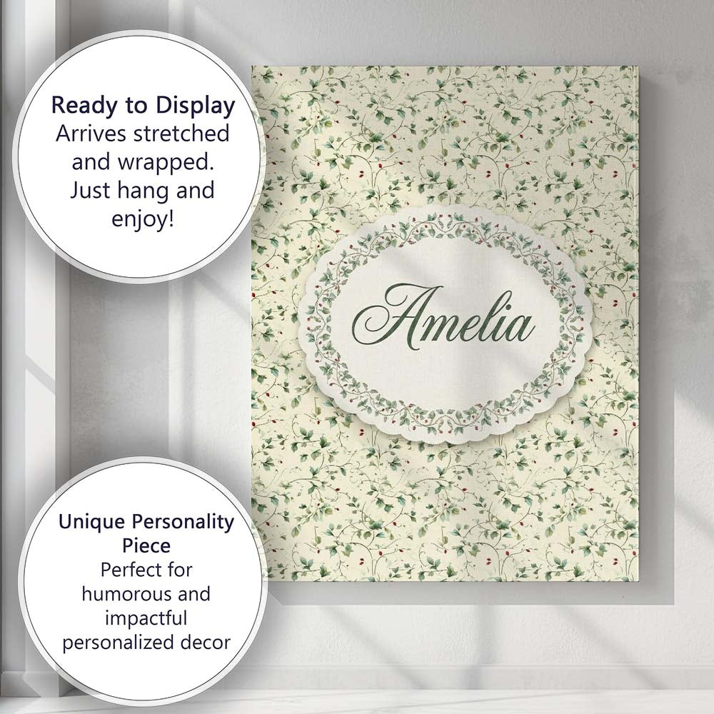 Personalised Name Delicate Green Vine Custom Modern Room Accent Creative Decorator Style Canvas Wall Art Print Decor Picture Ready to Hang