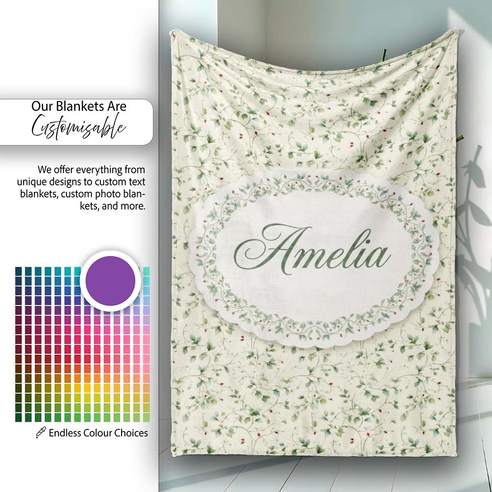 Delicate Green Vine Leaves with Small Red Berries Seamless Pattern  Personalised Custom Name Super Soft Fleece Blanket Bed Sofa Throw