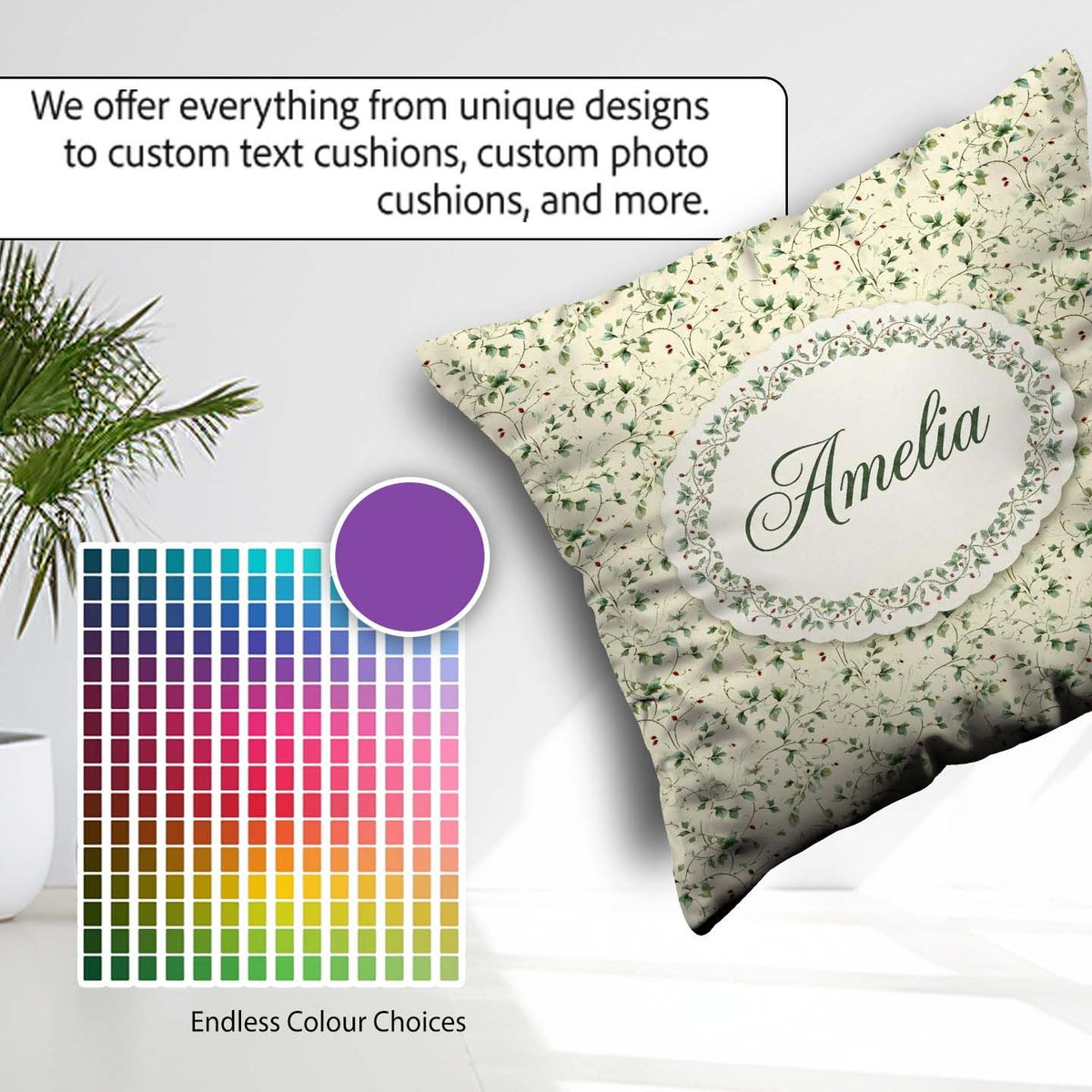 Custom Name Delicate Green Vine Leaves with Red Berries Seamless Square Filled Cushion Throw Pillow Sofa Bed Home Decor Zip Washable UK Made