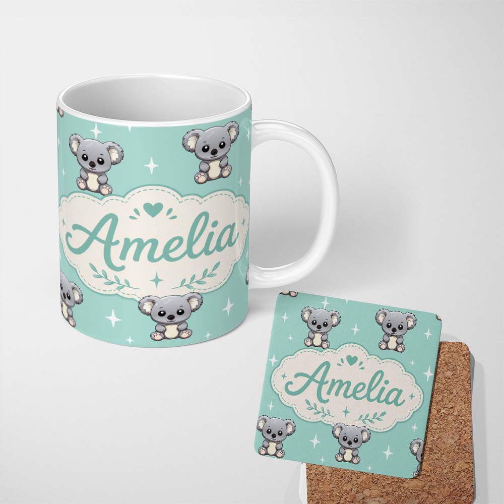 Personalized Custom Name Cute Koala Bears with Stars Mint Green Background Seamless Pattern 11oz Ceramic Coffee Tea Mug White Large Handle