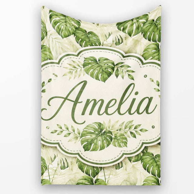 Tropical Monstera Leaves in Soft Green Tones Seamless Pattern Lovely  Personalised Custom Name Super Soft Fleece Blanket Bed Sofa Throw