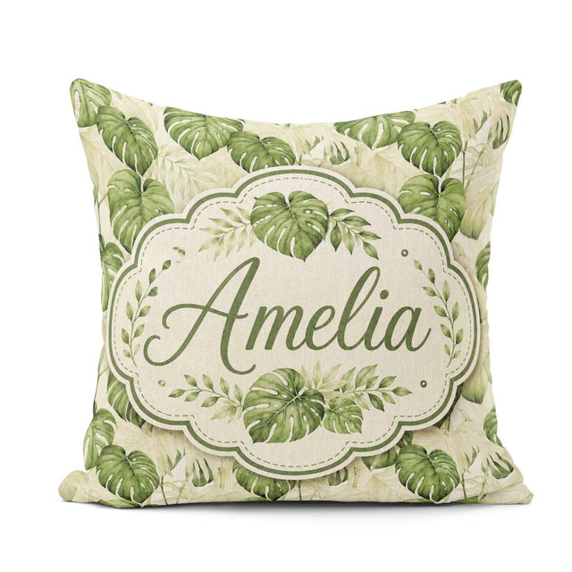 Custom Name Tropical Monstera Leaves in Soft Green Tones Pattern Square Filled Cushion Throw Pillow Sofa Bed Home Decor Zip Washable UK Made