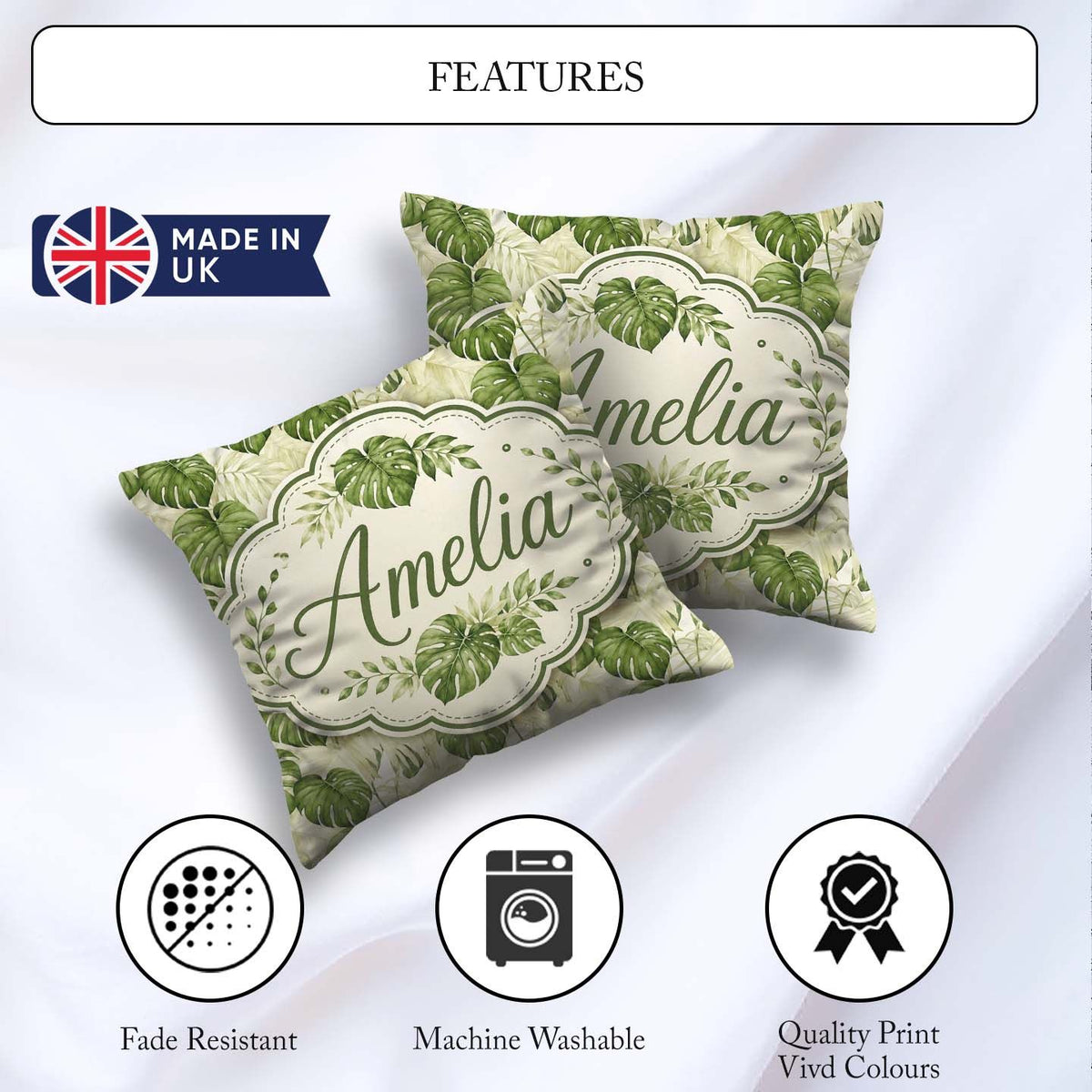 Custom Name Tropical Monstera Leaves in Soft Green Tones Pattern Square Filled Cushion Throw Pillow Sofa Bed Home Decor Zip Washable UK Made