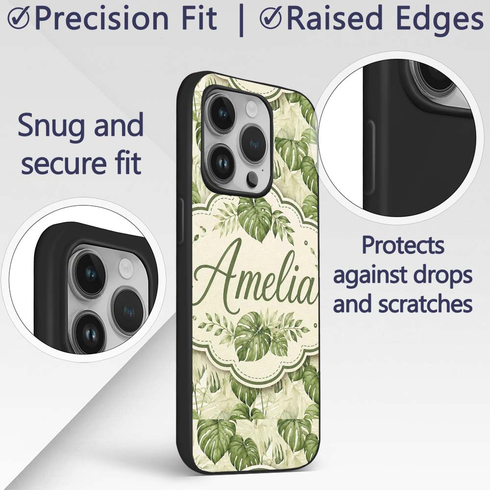 Tropical Monstera Leaves in Soft Green Tones Custom Name Protective Phone Case Mobile Cover Durable Everyday Smartphone Shock Resistant