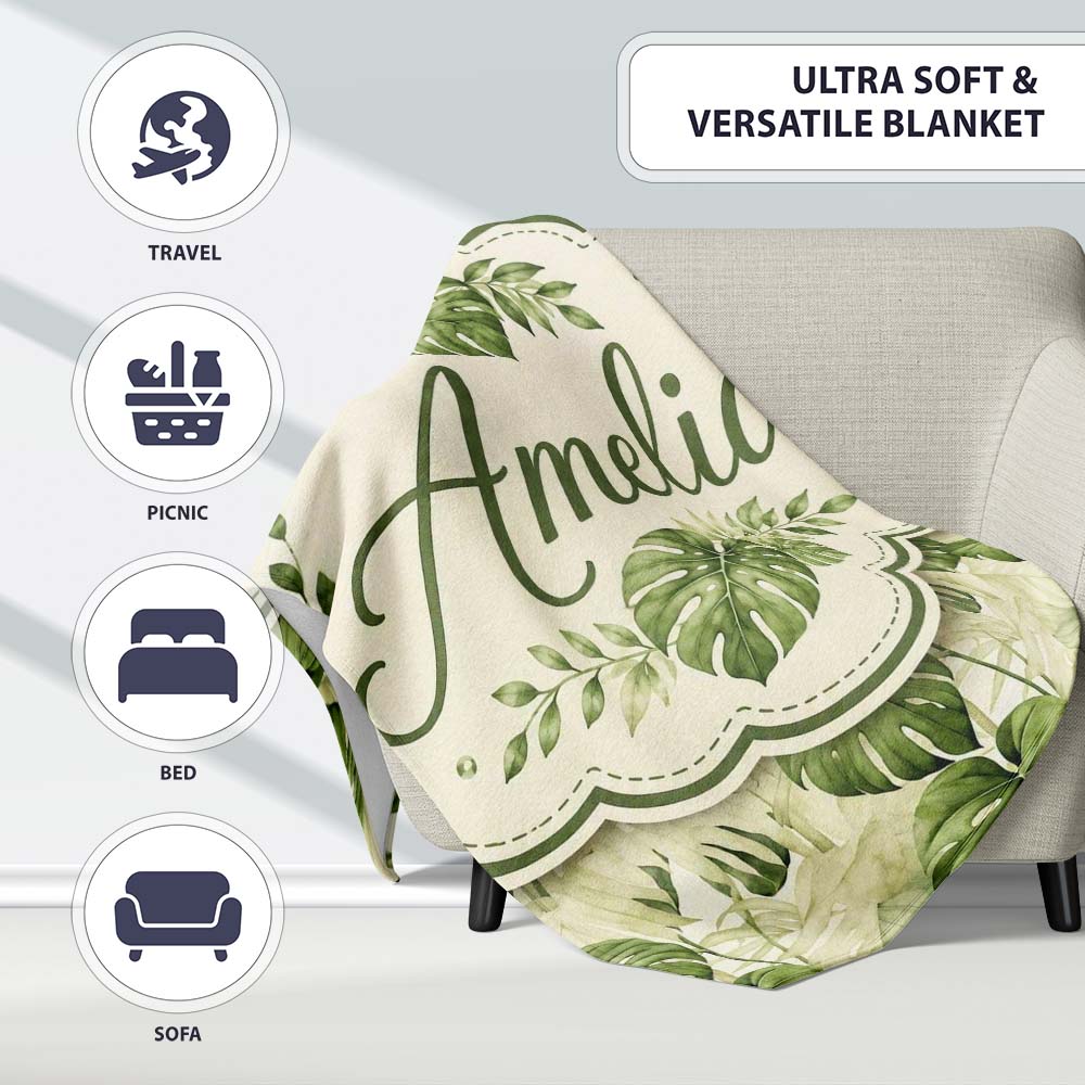 Tropical Monstera Leaves in Soft Green Tones Seamless Pattern Lovely  Personalised Custom Name Super Soft Fleece Blanket Bed Sofa Throw