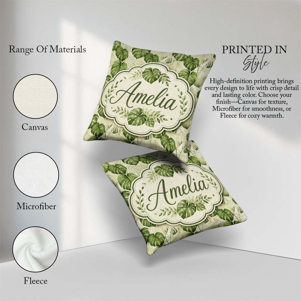 Custom Name Tropical Monstera Leaves in Soft Green Tones Pattern Square Filled Cushion Throw Pillow Sofa Bed Home Decor Zip Washable UK Made