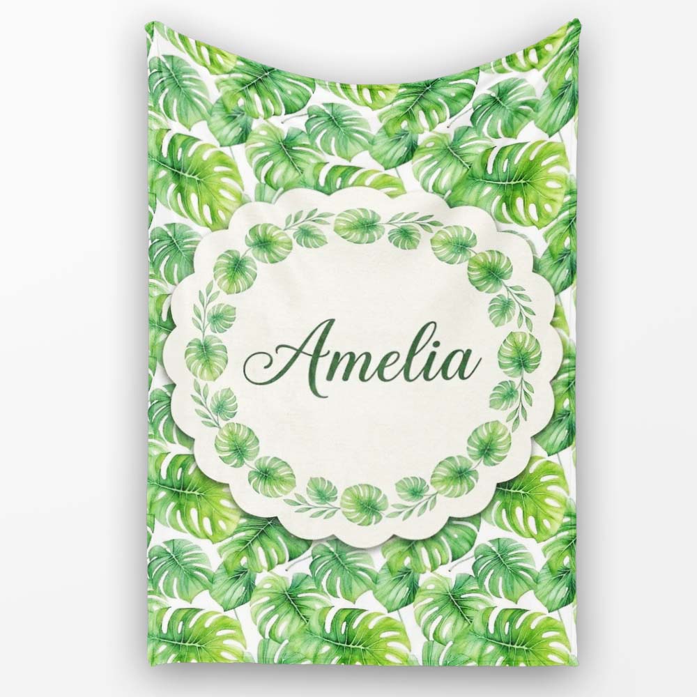 Green Tropical Monstera Leaves on White Background Seamless Pattern  Personalised Custom Name Super Soft Fleece Blanket Bed Sofa Throw