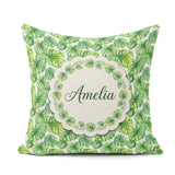 Custom Name Green Tropical Monstera on White Background Seamless Square Filled Cushion Throw Pillow Sofa Bed Home Decor Zip Washable UK Made