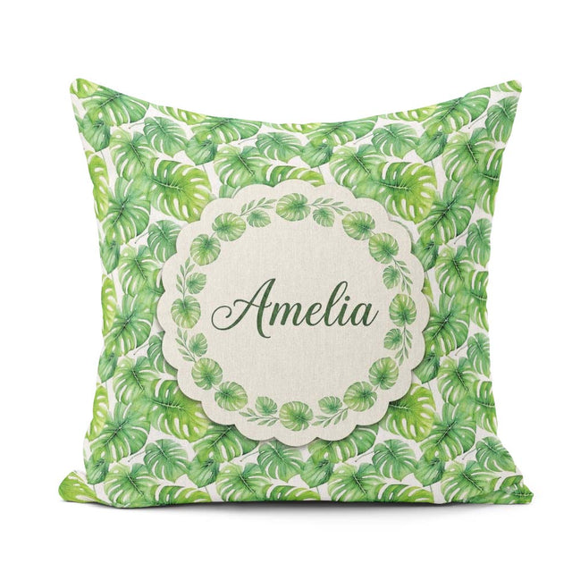 Custom Name Green Tropical Monstera on White Background Seamless Square Filled Cushion Throw Pillow Sofa Bed Home Decor Zip Washable UK Made