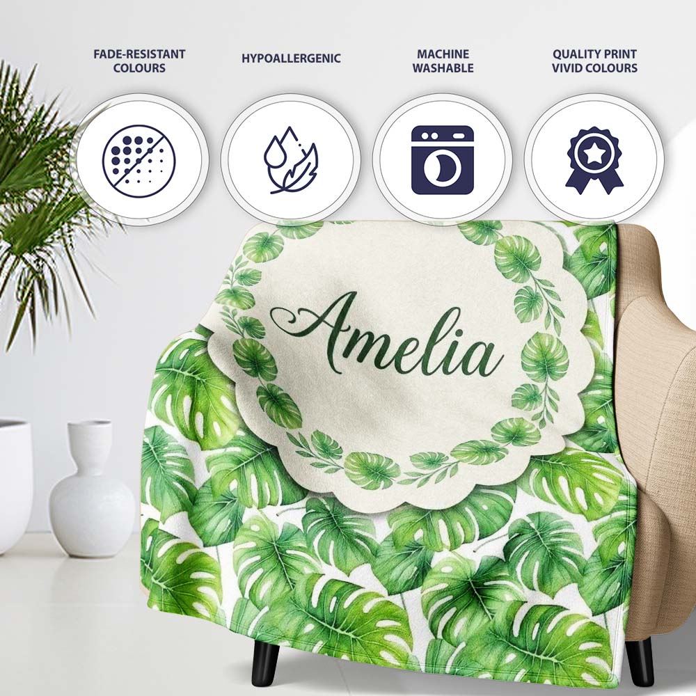 Green Tropical Monstera Leaves on White Background Seamless Pattern  Personalised Custom Name Super Soft Fleece Blanket Bed Sofa Throw