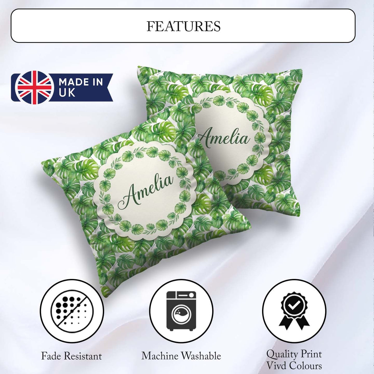 Custom Name Green Tropical Monstera on White Background Seamless Square Filled Cushion Throw Pillow Sofa Bed Home Decor Zip Washable UK Made