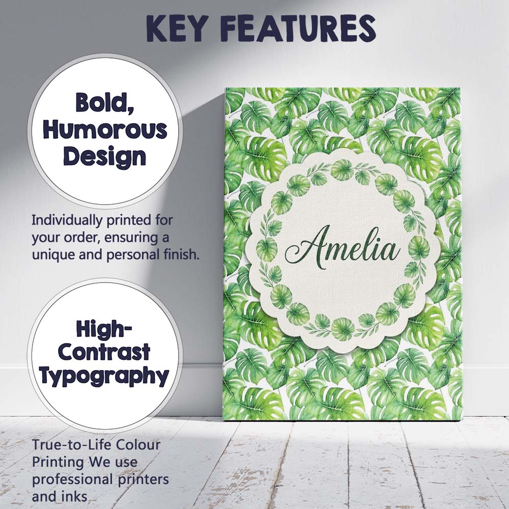 Personalised Name Green Tropical Monstera Custom  Unique Gift Idea Elegant Feature Canvas Wall Art Print Decor Picture Ready to Hang