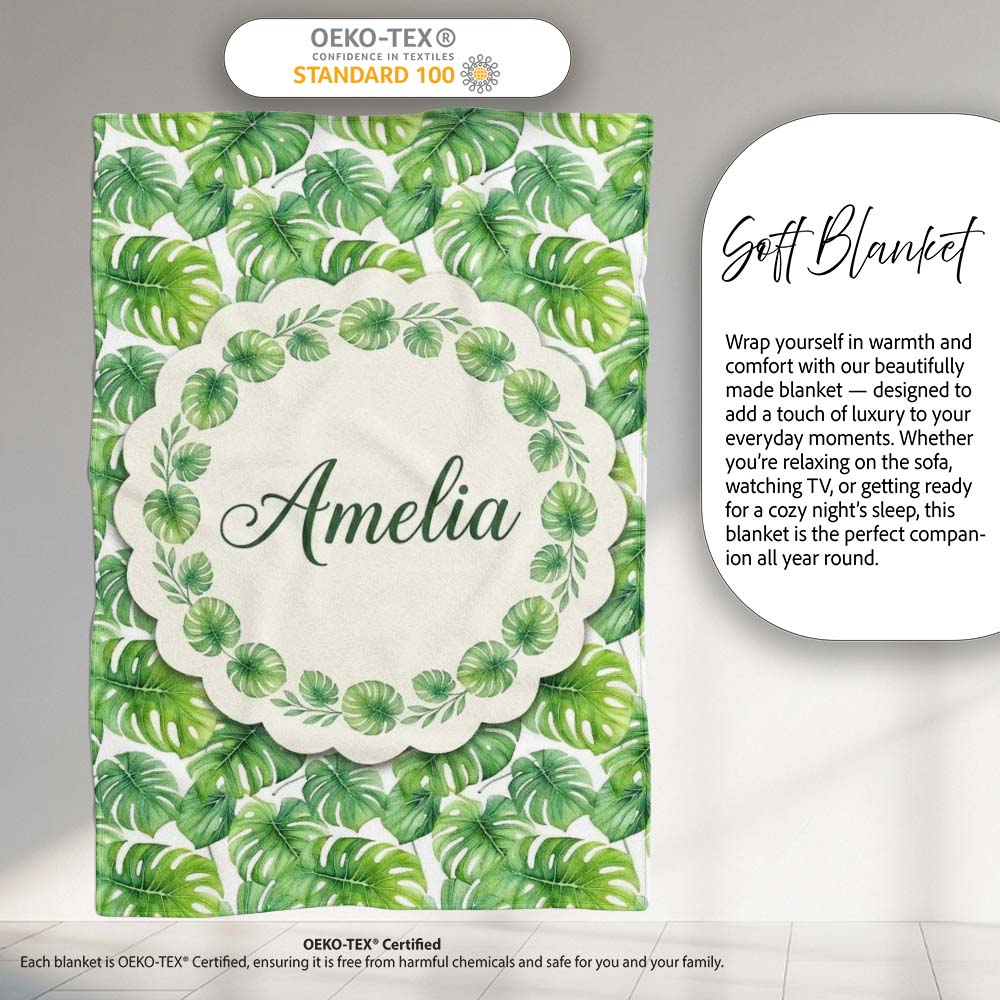 Green Tropical Monstera Leaves on White Background Seamless Pattern  Personalised Custom Name Super Soft Fleece Blanket Bed Sofa Throw